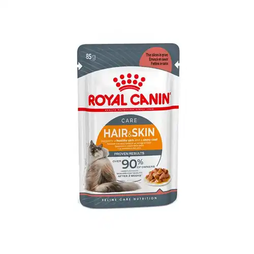 پوچ گربه بالغ رویال کنین مدل hair & skin gravy طعم مرغ وزن 85 گرم
