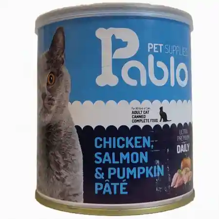 کنسرو گربه پابلو مدل اولترا پرمیوم طعم مرغ و سالمون و کدو تنبل وزن 800 گرم