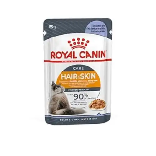 پوچ گربه رویال کنین مدل هیر اند اسکین ژلی وزن 85 گرم بسته 12 عددی