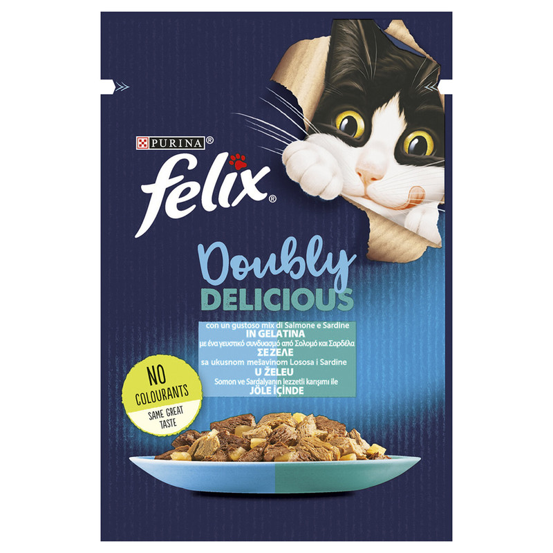 پوچ گربه فلیکس مدل The Doubly Delicious in Jelly با طعم ماهی ساردین و سالمون وزن 85 گرم