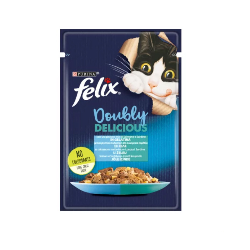 پوچ گربه فلیکس مدل Doubly Delicious با طعم ماهی سالمون و ساردین بسته 6 عددی