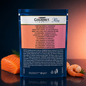 پوچ گربه بالغ گورمت مدل Perle Gravy طعم ماهی سالمون و میگو وزن 85 گرم