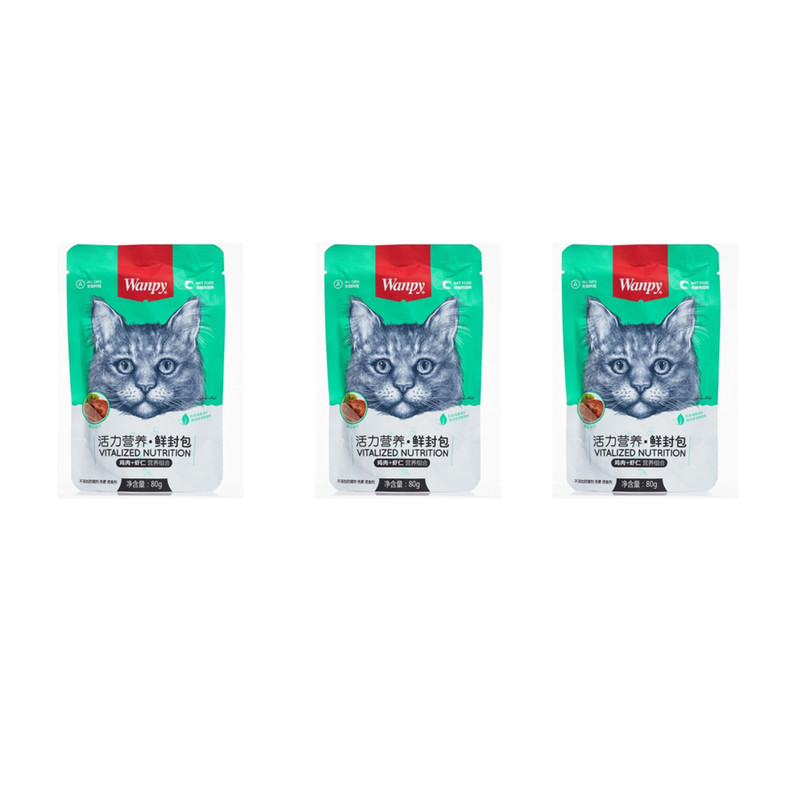 پوچ گربه ونپی مدل مرغ و میگو وزن 240 گرم بسته 3 عددی
