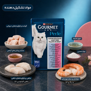پوچ گربه بالغ گورمت مدل Perle طعم ماهی اقیانوس و میگو وزن 85 گرم