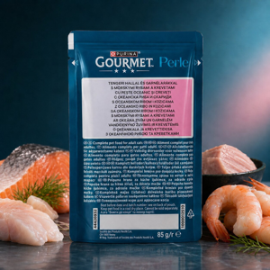 پوچ گربه بالغ گورمت مدل Perle طعم ماهی اقیانوس و میگو وزن 85 گرم