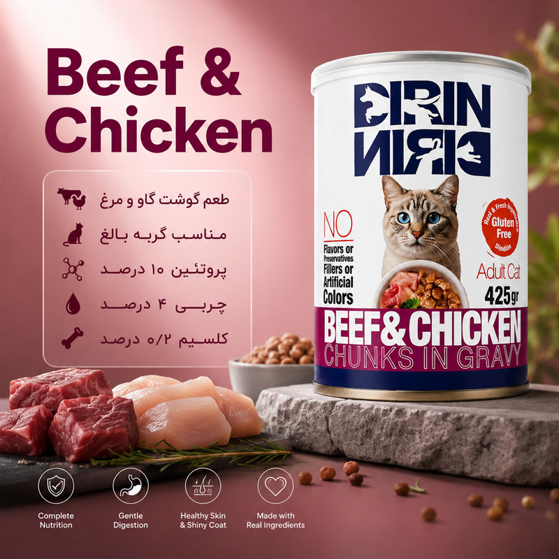 کنسرو غذای گربه بالغ دیرین دیرین مدل Chunk طعم گوشت و مرغ وزن 425 گرم