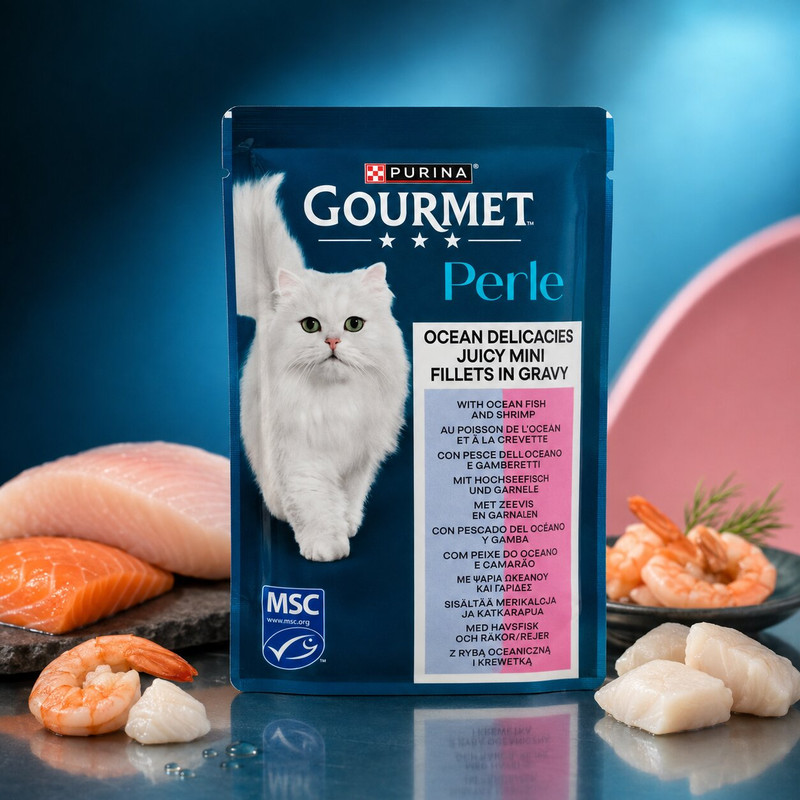 پوچ گربه بالغ گورمت مدل Perle طعم ماهی اقیانوس و میگو وزن 85 گرم