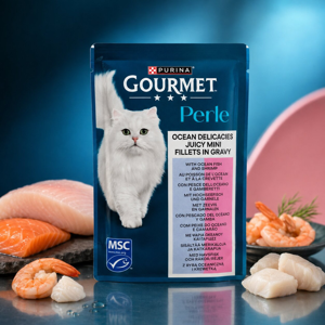 پوچ گربه بالغ گورمت مدل Perle طعم ماهی اقیانوس و میگو وزن 85 گرم