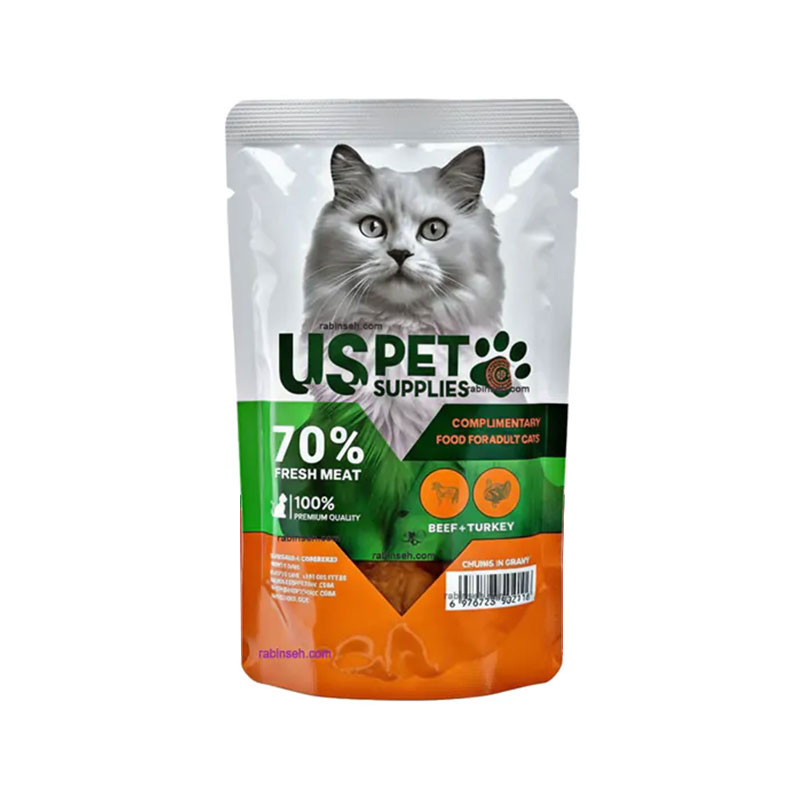 پوچ گربه بالغ یو اس پت مدل Fresh Meat Pack با طعم گوشت گاو، بوقلمون وزن 100 گرم بسته 6 عددی