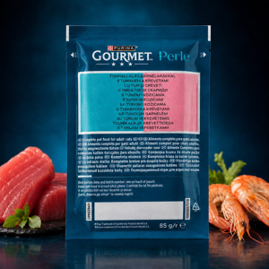 پوچ گربه بالغ گورمت مدل Perle طعم ماهی تن و میگو وزن 85 گرم