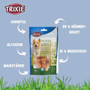 تشویقی سگ تریکسی مدل Trixie fish chicken wheels وزن 75 گرم