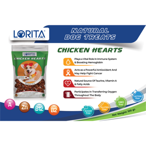 تشویقی سگ لوریتا مدل DRIED CHICKEN HEARTS وزن 100 گرم