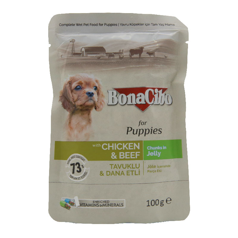 پوچ توله سگ بوناسیبو مدل Chicken & Beef وزن 100 گرم