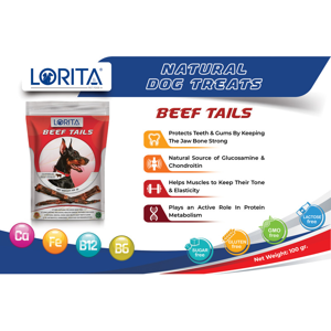 تشویقی سگ لوریتا مدل DRIED BEEF TAILS وزن 100 گرم