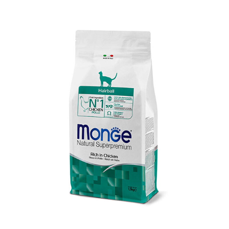 غذای خشک گربه بالغ مونژه مدل Monge Hairball ضد گلوله مویی طعم مرغ وزن 1.5 کیلوگرم