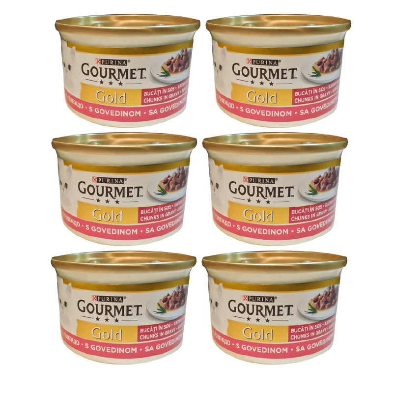 کنسرو گربه گورمت مدل خورشتی گوشت گاو وزن 85 گرم بسته 6 عددی