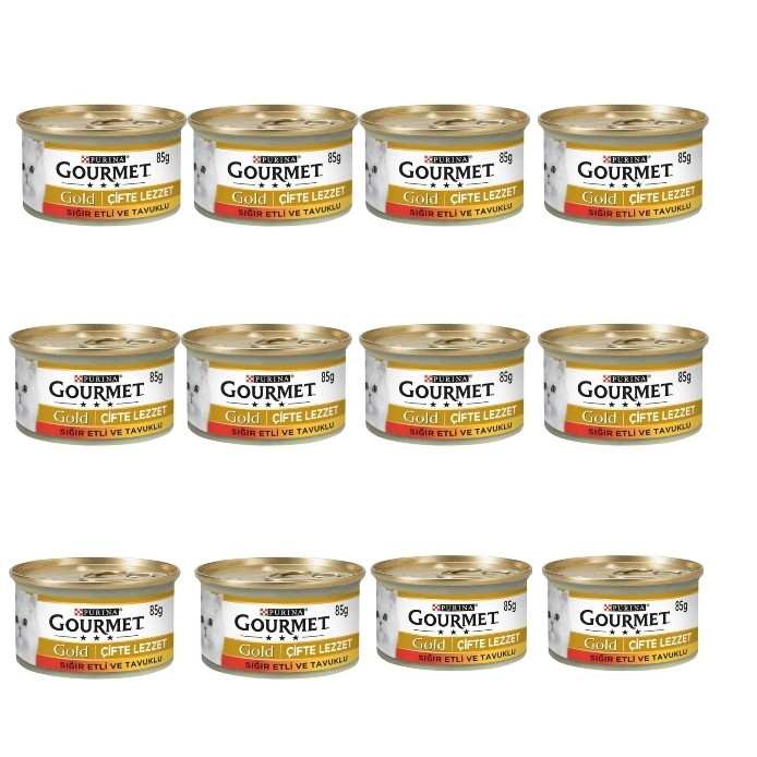 غذای کنسرو گربه گورمت مدل گوشت گوساله و مرغ وزن 85 گرم بسته 12 عددی