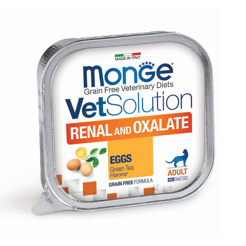 غذای کاسهای گربه بالغ مونژه مدل Monge VetSolution Renal And Oxalate Feline مناسب مشکلات گوارشی طعم تخم مرغ و چای سبز وزن 100 گرم