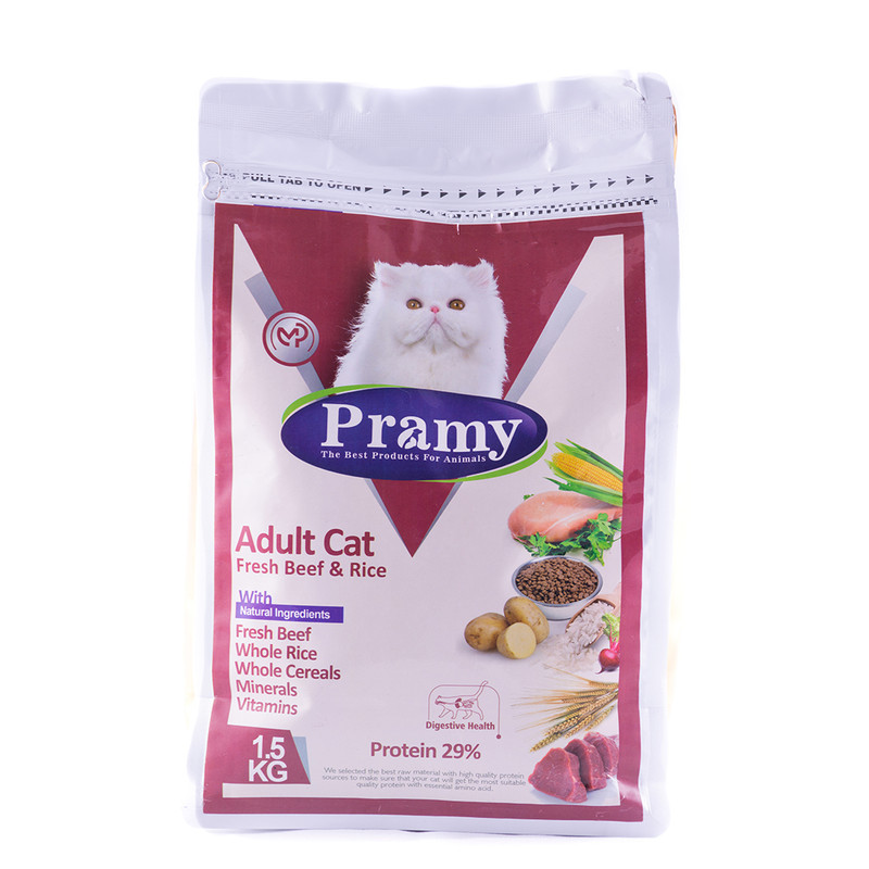 غذای خشک گربه پرامی مدل adult cat meat and rice وزن 1.5 کیلوگرم