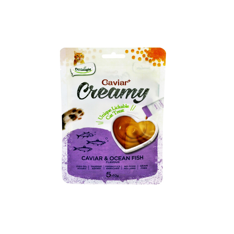 بستنی گربه دنتالایت مدل کرمی طعم خاویار و ماهی اقیانوس وزن 50 گرم بسته 5 عددی